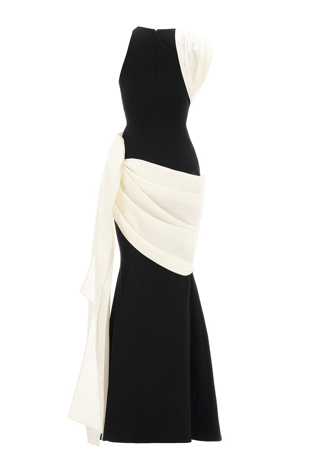 Poppy Trumpet Asymmetric Neck Elastic Cotton Floor Length Dress