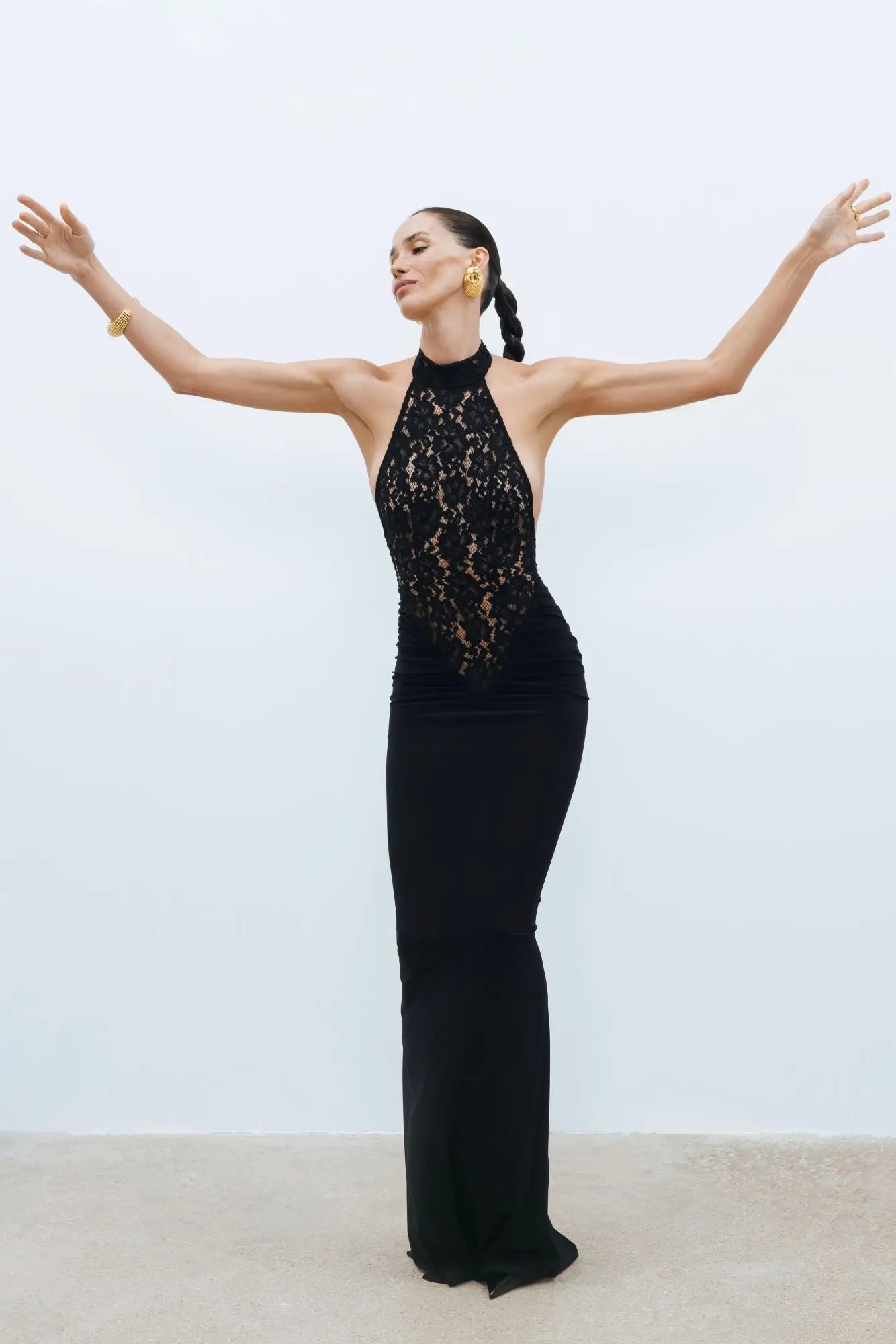 Alina Black Lace Halter Maxi Dress