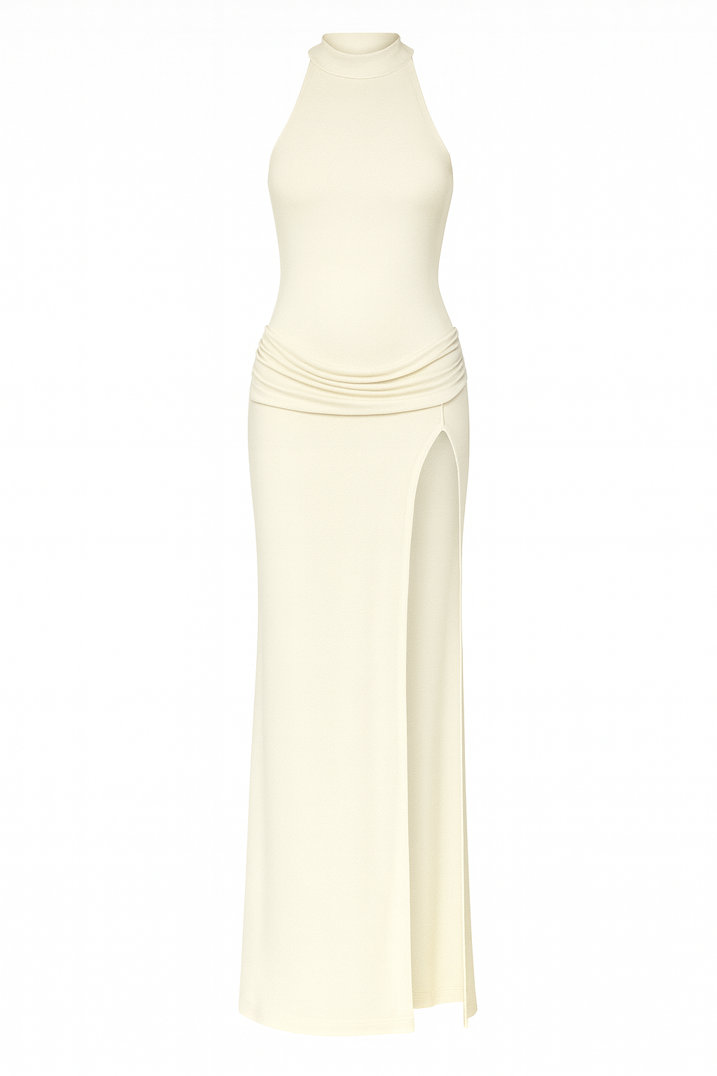 Ivory High-Neck Draped Slit Maxi Dress