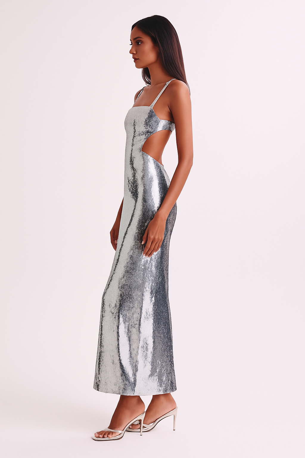 Silver Liquid-Metal Cutout Gown