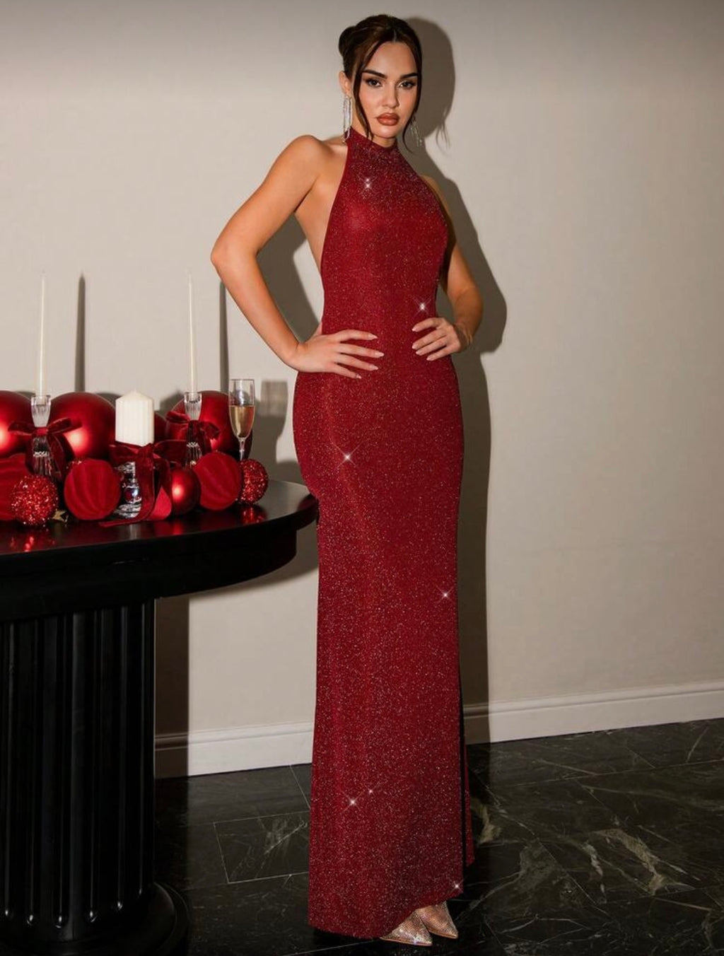 Red Glitter Halter Backless Maxi Dress