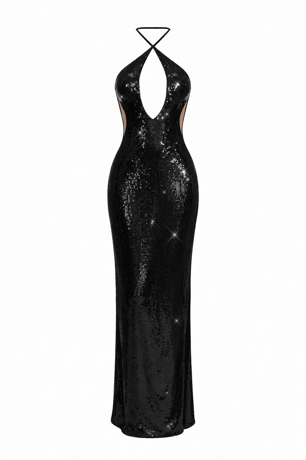 Kris Black Sequin Cut-Out Halter Gown