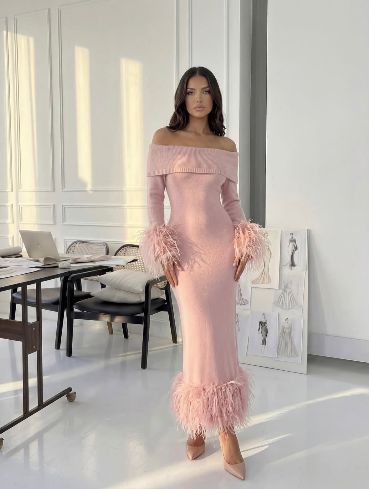 Rosette Feather Knit Midi Dress