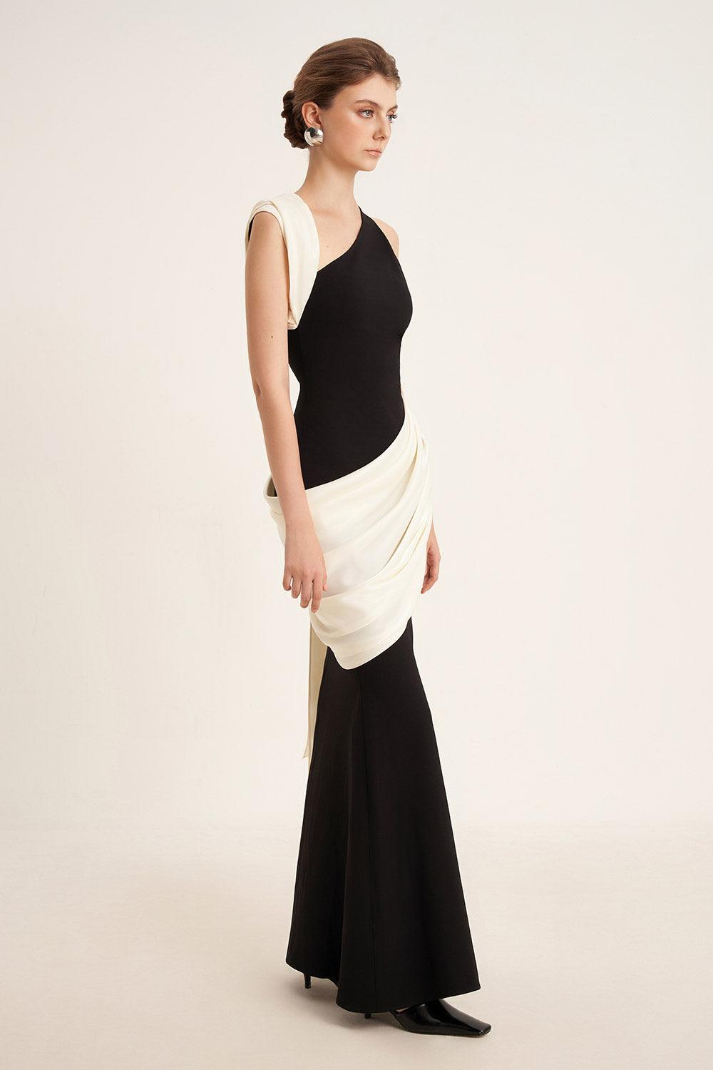 Poppy Trumpet Asymmetric Neck Elastic Cotton Floor Length Dress