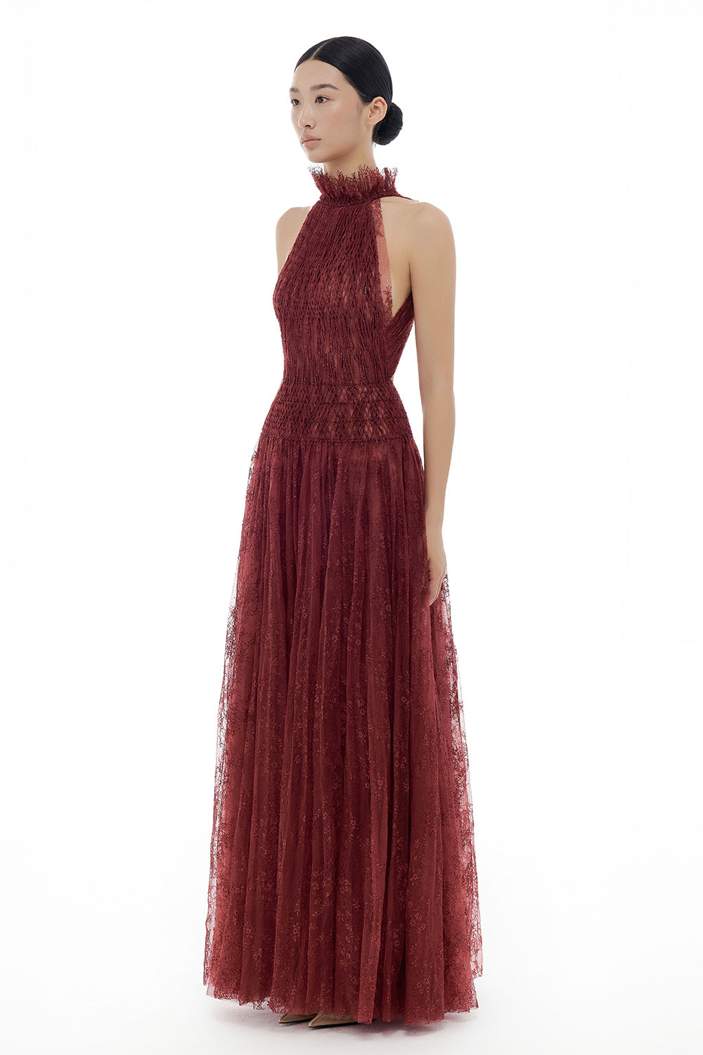 Burgundy Smocked Lace Maxi Dress