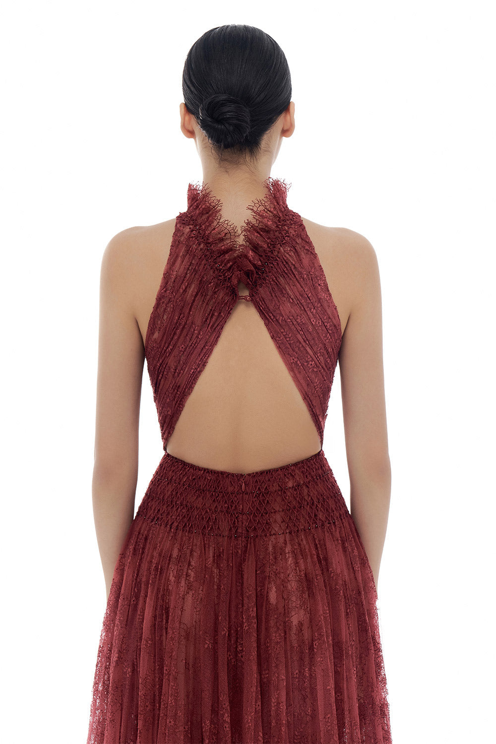 Burgundy Smocked Lace Maxi Dress