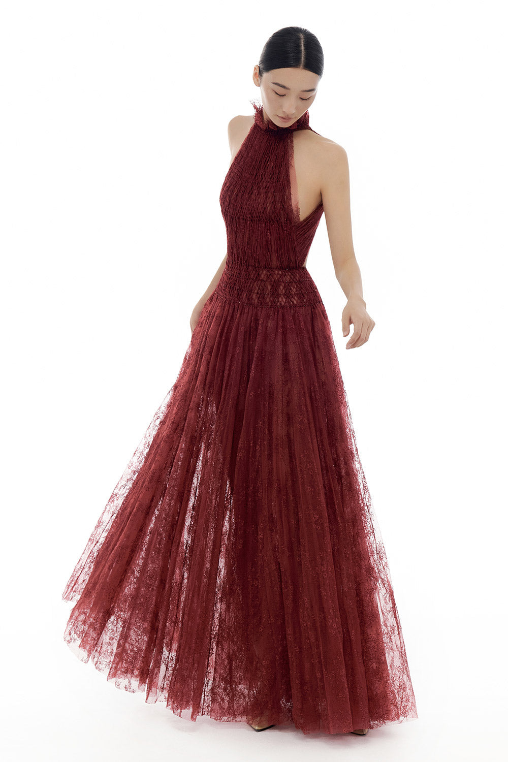 Burgundy Smocked Lace Maxi Dress