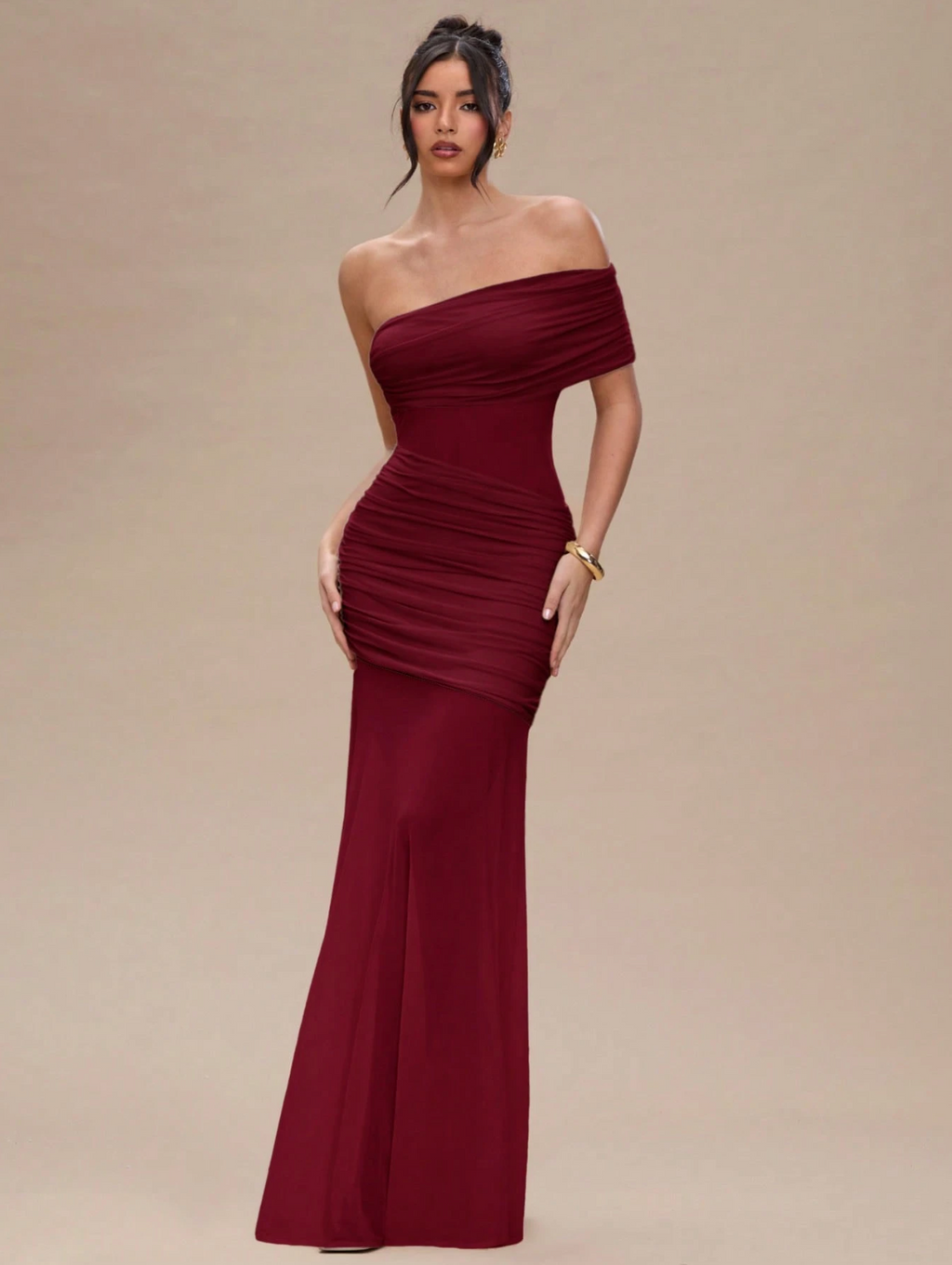 Dallas One Shoulder Mesh Maxi Dress - Burgundy
