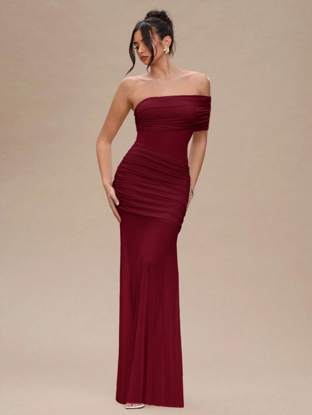 Dallas One Shoulder Mesh Maxi Dress - Burgundy