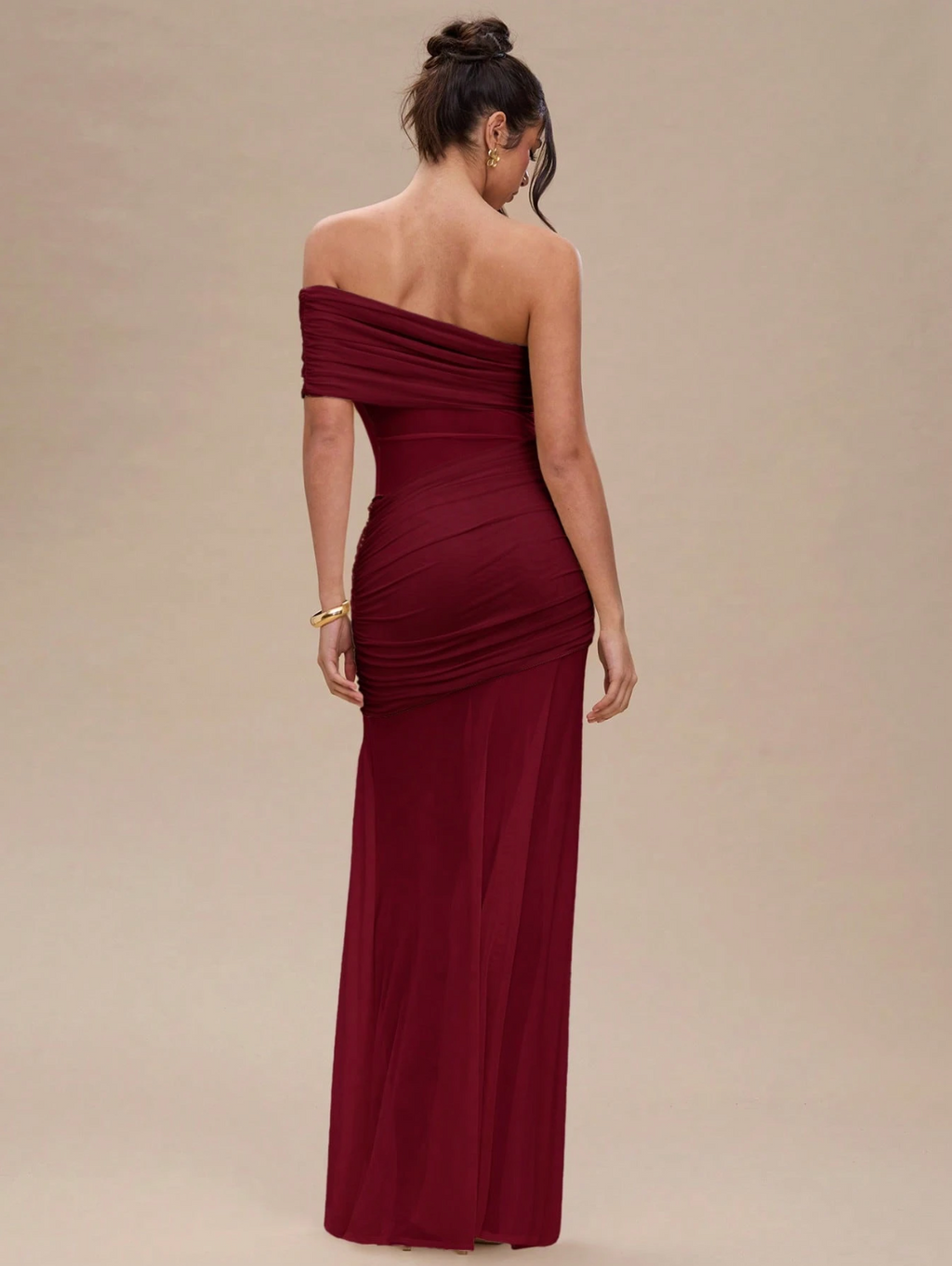 Dallas One Shoulder Mesh Maxi Dress - Burgundy