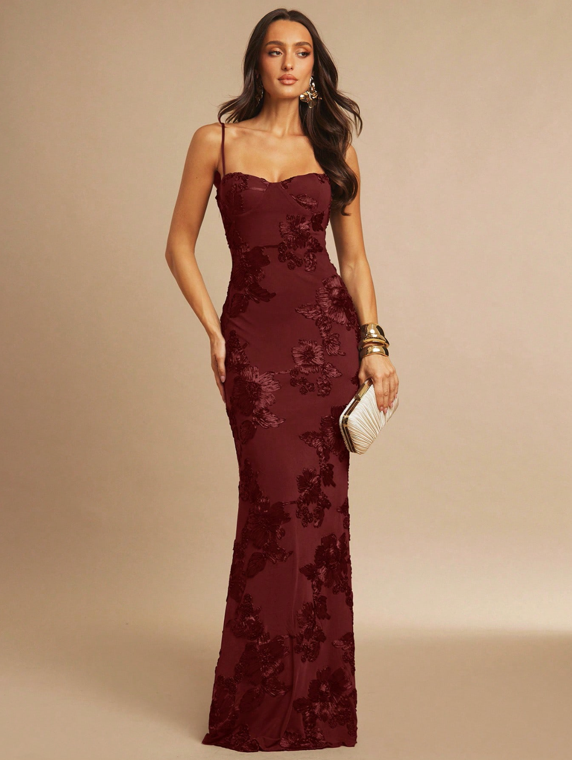 Valeria Velvet Floral Gown Burgundy