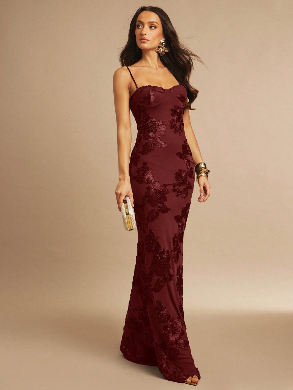 Valeria Velvet Floral Gown Burgundy