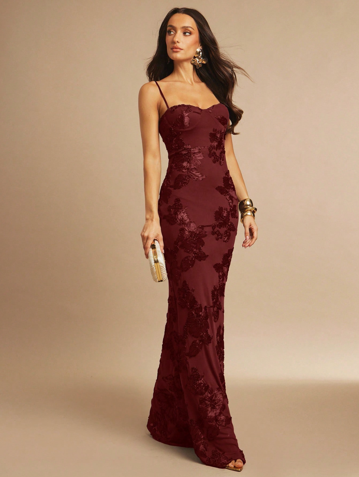 Valeria Velvet Floral Gown Burgundy