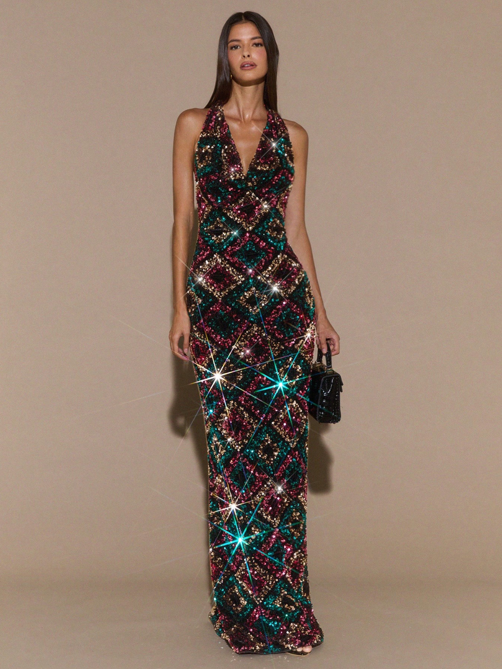 Mirage Mosaic Sequin Halter Gown