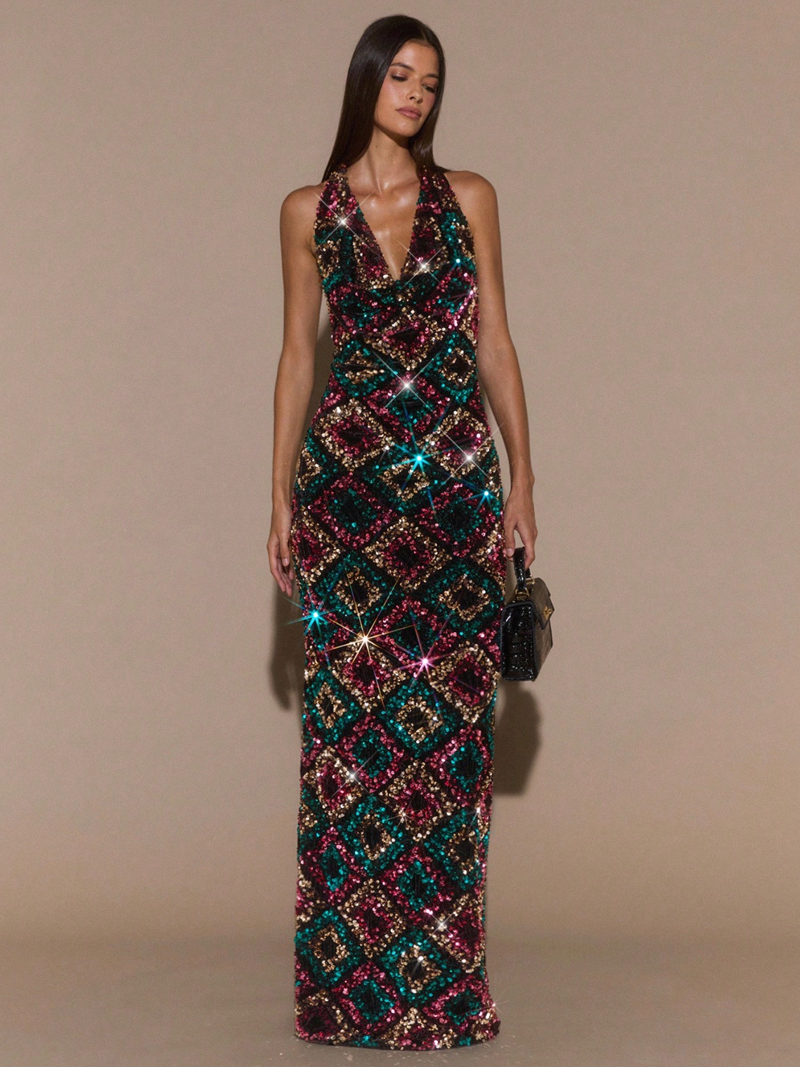 Mirage Mosaic Sequin Halter Gown