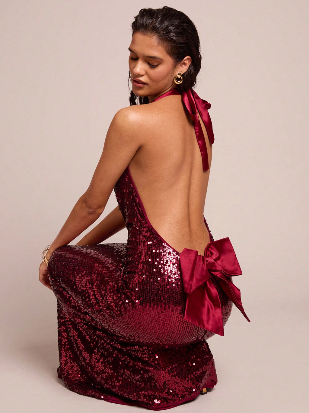 Sequin Halter Gown With Back Bow