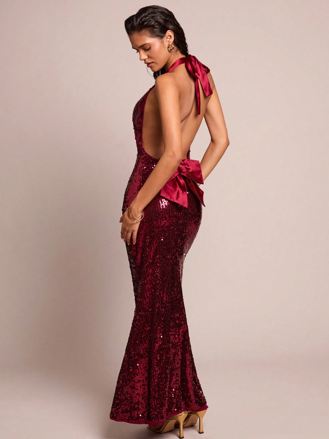 Sequin Halter Gown With Back Bow