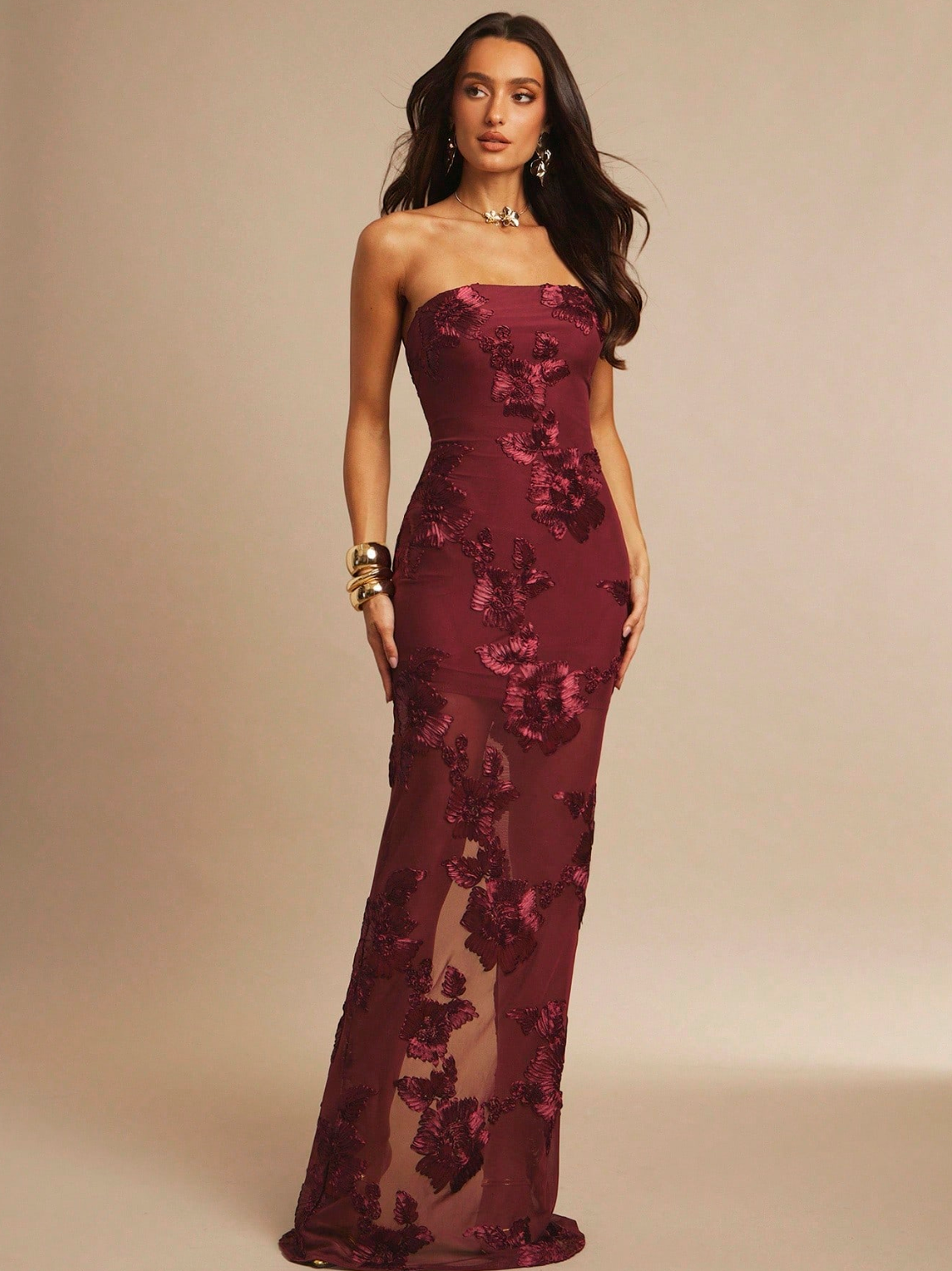 Strapless Embroidered Floral Maxi Dress