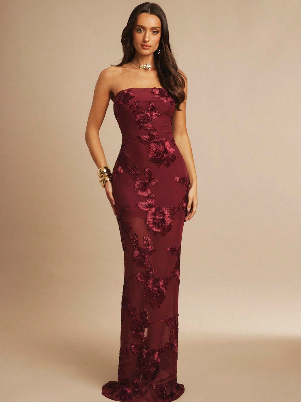 Strapless Embroidered Floral Maxi Dress