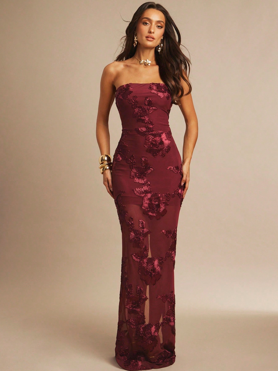 Strapless Embroidered Floral Maxi Dress