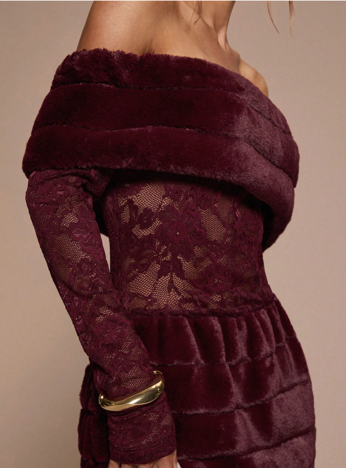 Off-Shoulder Faux Fur &amp; Lace Mini Dress