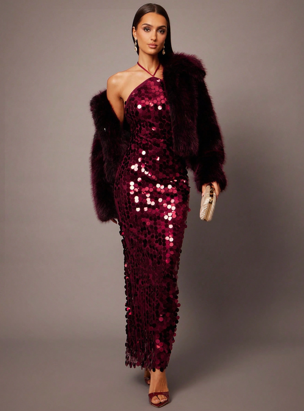 Diana Halter Sequin Maxi Dress - Burgundy