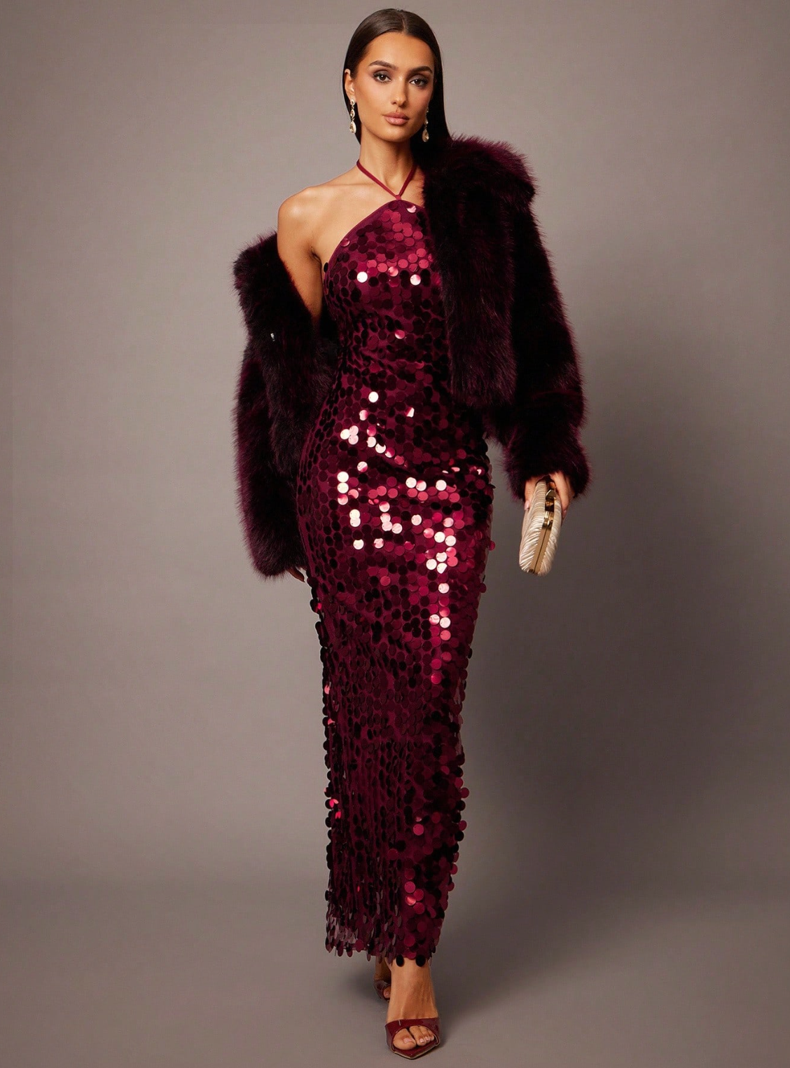 Diana Halter Sequin Maxi Dress - Burgundy