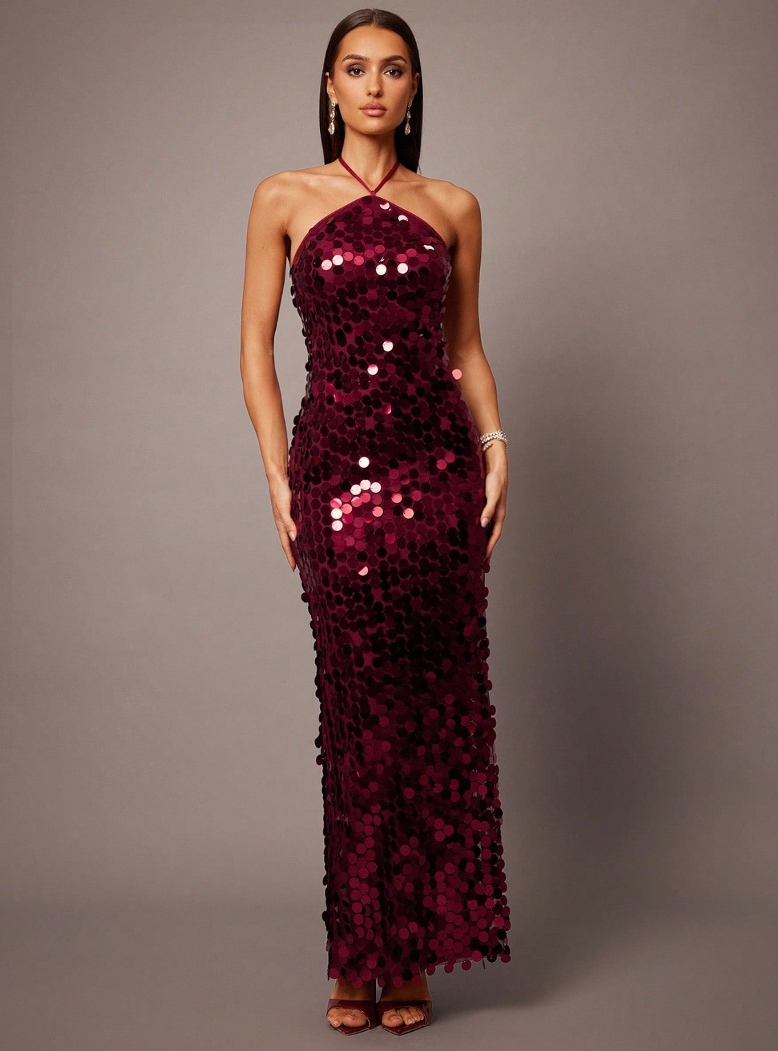 Diana Halter Sequin Maxi Dress - Burgundy