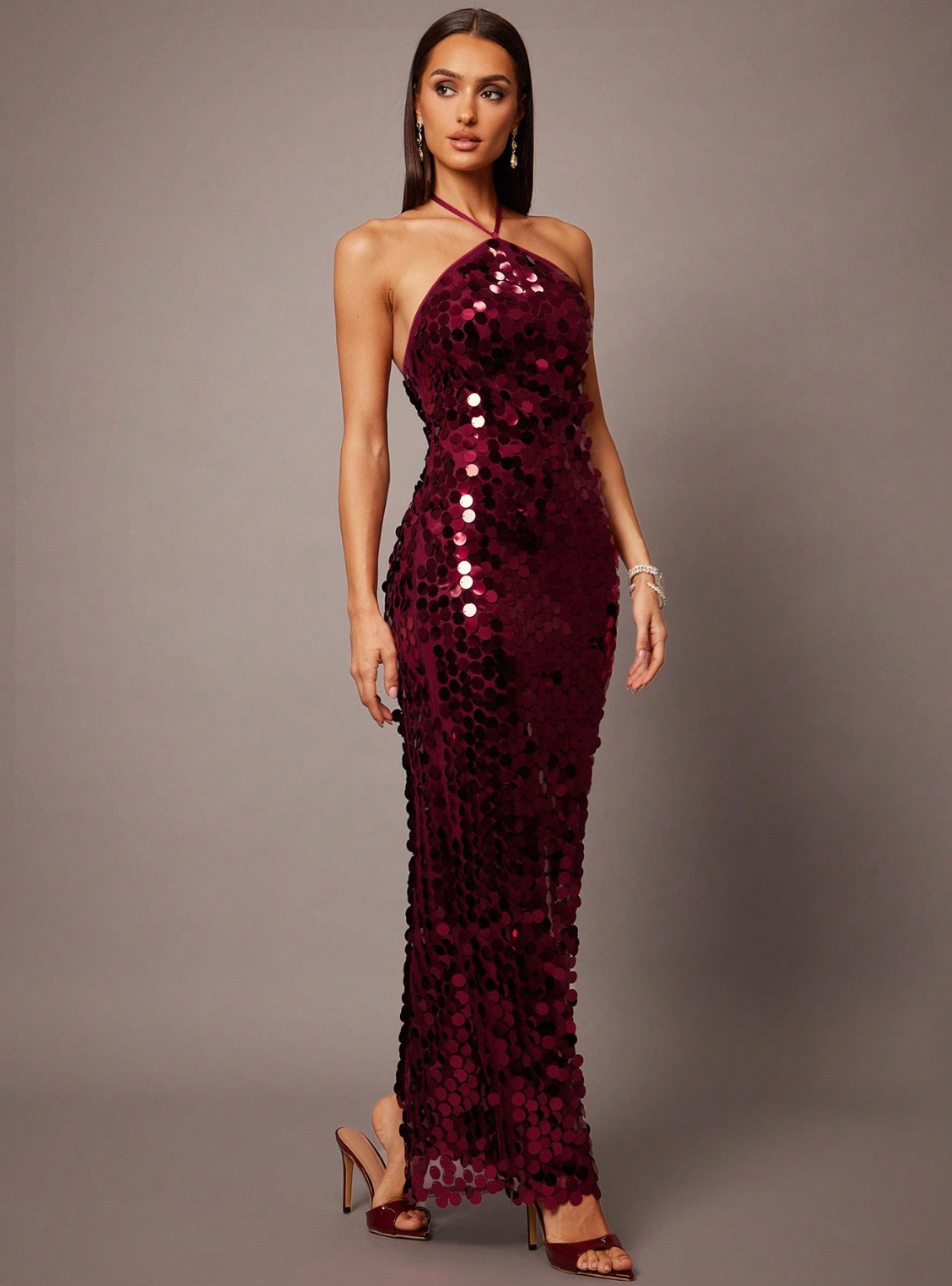 Diana Halter Sequin Maxi Dress - Burgundy