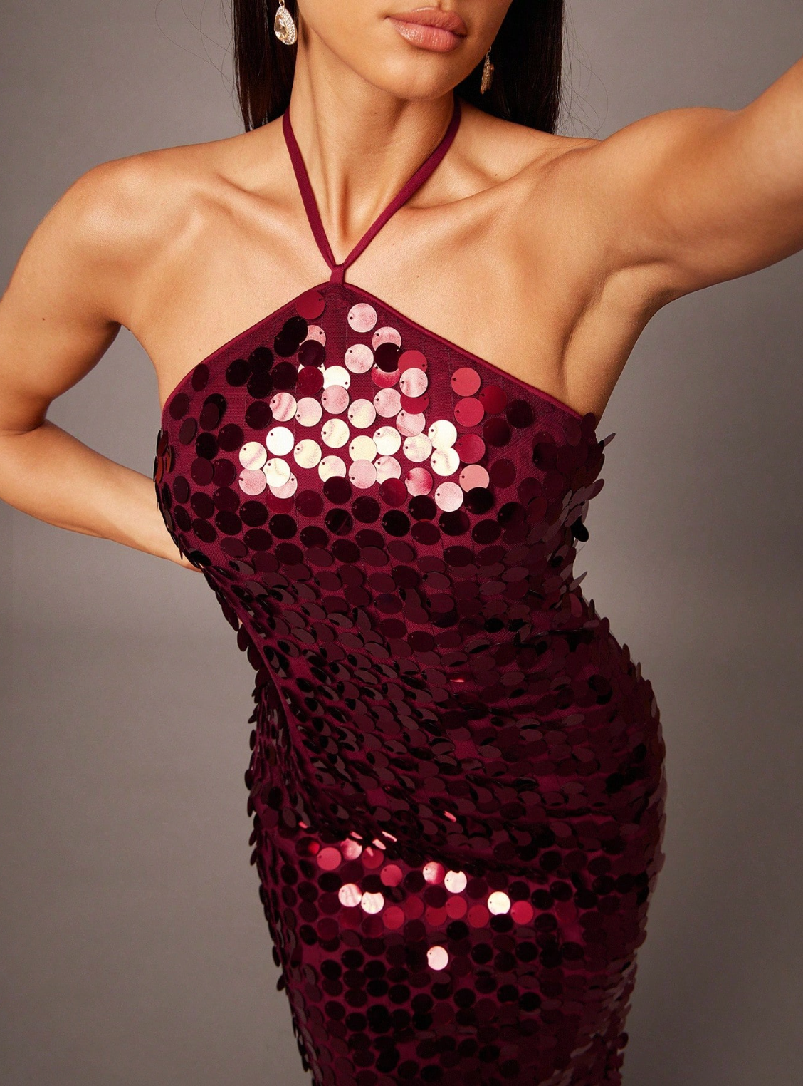 Diana Halter Sequin Maxi Dress - Burgundy