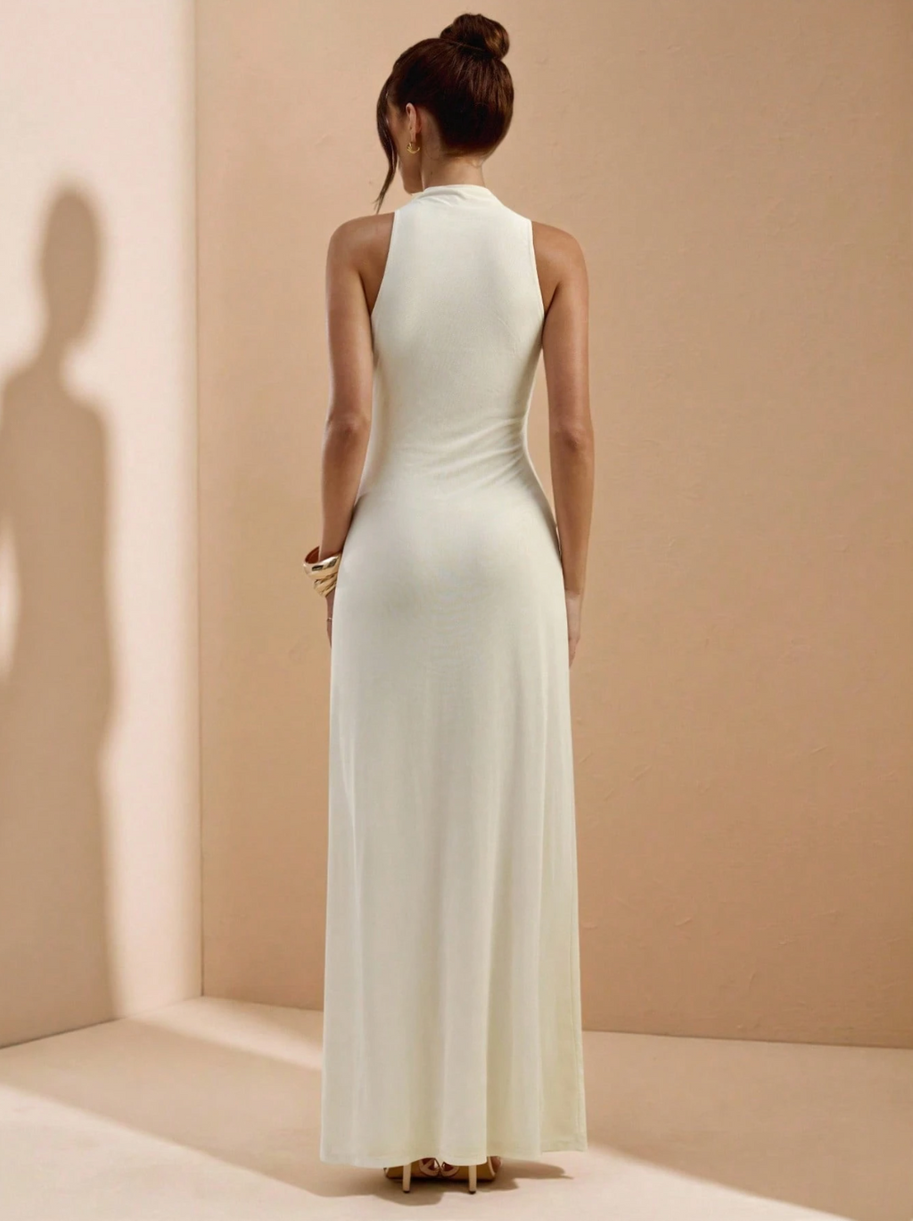 Ivory High-Neck Draped Slit Maxi Dress