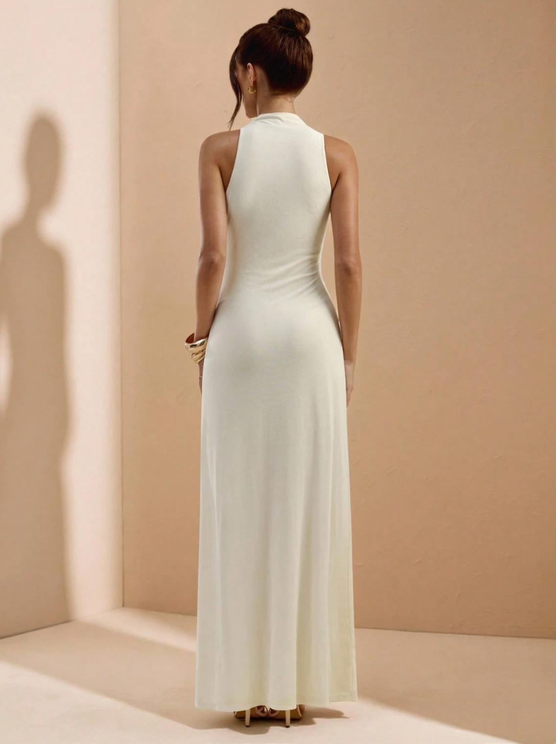 Ivory High-Neck Draped Slit Maxi Dress