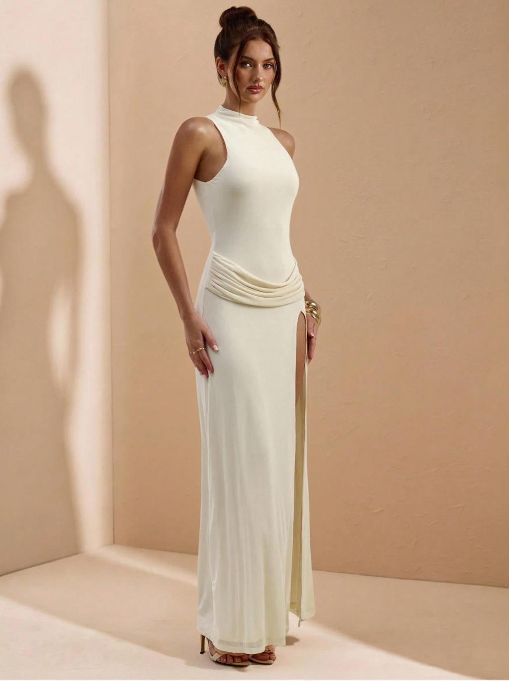Ivory High-Neck Draped Slit Maxi Dress