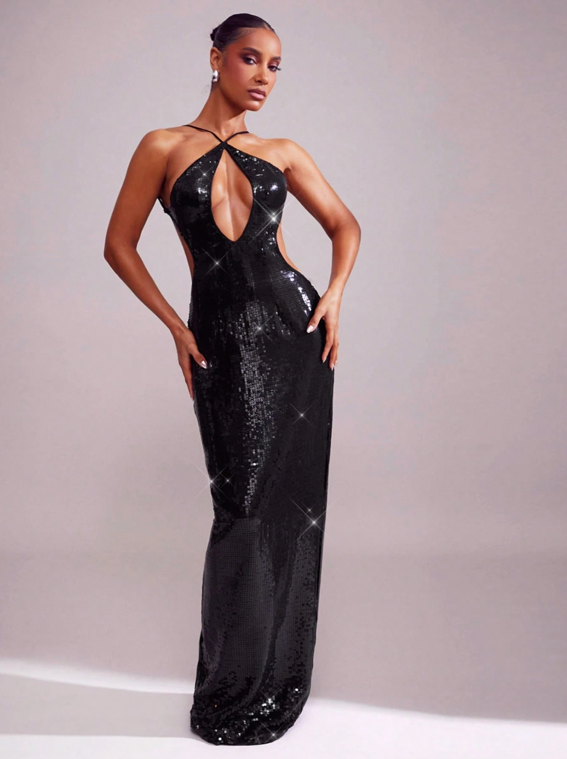 Kris Black Sequin Cut-Out Halter Gown