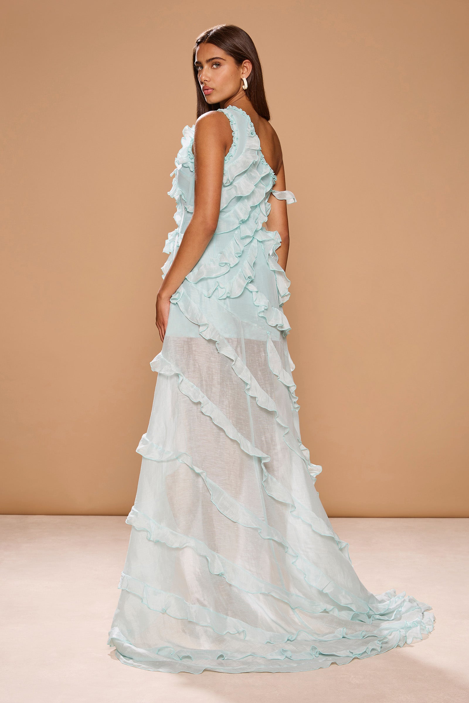 The Barbados Gown by SONYA MODA — an elevated frill dress with cascading details and refined structure.